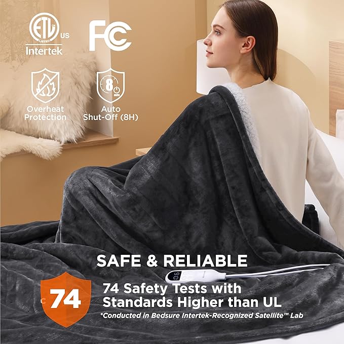 Bedsure Electric Blanket Twin - Soft Flannel Heated Blanket, Fast Heating with 10 Time Settings & 6 Heat Settings, Warm Gift for Grandma (62x84 inches, Dark Grey)