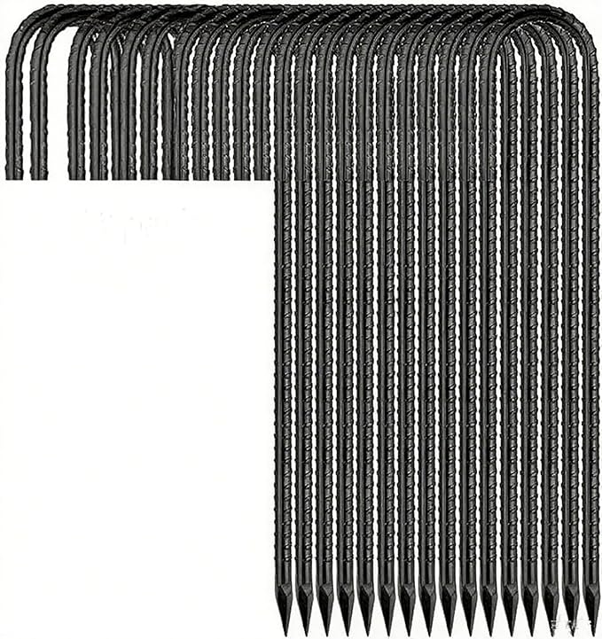 RM1009 12 inch Black 16-Pack Fence Stakes Heavy Duty J Hook Rebar Ground Stakes Anchor Galvanized Tent Stakes for Outdoor Canopy Decorations Inflatables Metal Stakes for Wire Fencing