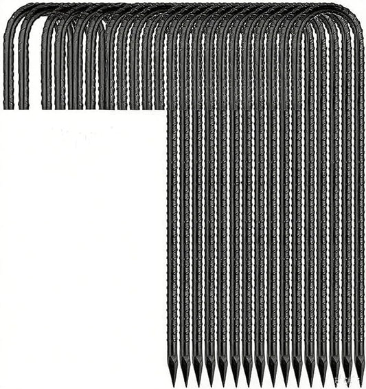 RM1009 12 inch Black 16-Pack Fence Stakes Heavy Duty J Hook Rebar Ground Stakes Anchor Galvanized Tent Stakes for Outdoor Canopy Decorations Inflatables Metal Stakes for Wire Fencing