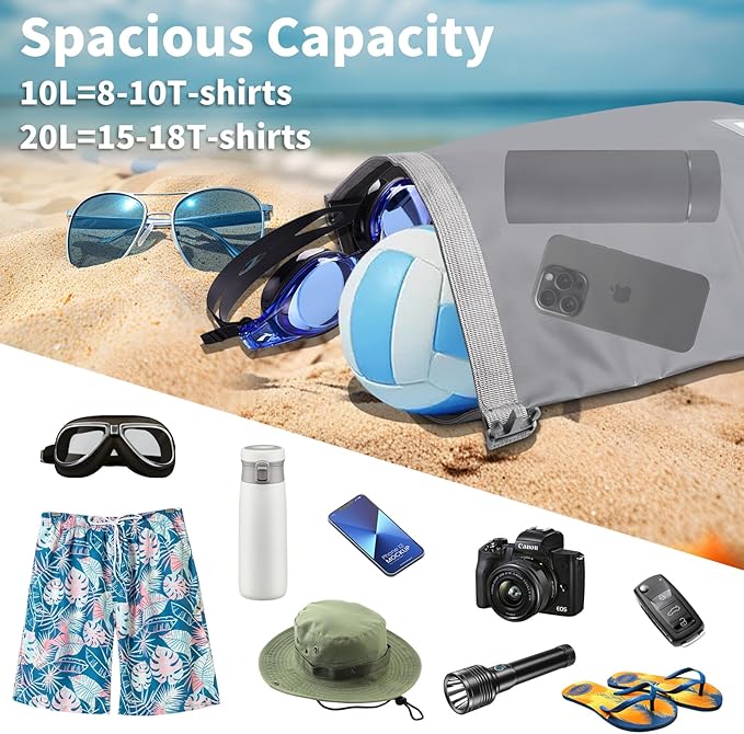 IPX8 Waterproof Dry Bag Backpack 10L - Roll-Top Seal for Kayak Spray & River Crossings, 500D PVC Abrasion-Resistant, Backpack Straps for Hiking Camping Beach