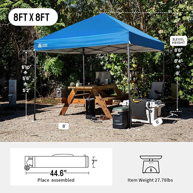 CROWN SHADES 8x8 Pop Up Canopy - Patented Center Lock One Push Instant Outdoor Canopy Beach Tent with STO-N-Go Bag 8 Stakes & 4 Sand Bags，Blue