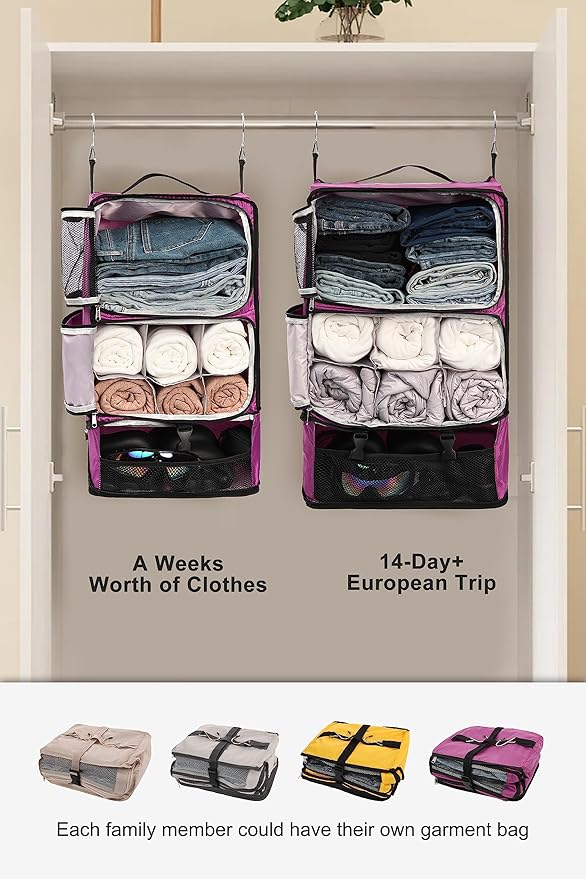 ELEZAY Hanging Packing Cubes Portable Closet 3-Shelf Travel Collapsible Compression Garment Organizer for Carry-on Luggage Suitcase Space Saver Bag XX-Large_No Side Pockets, Purple