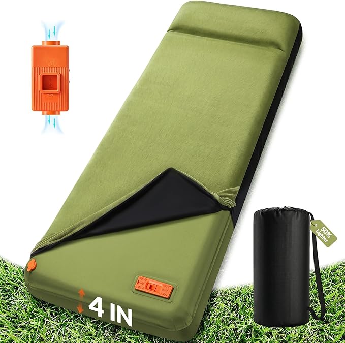 Self Inflating Sleeping Pad with Electric Pump, 4" Ultra-Thick Memory Foam Camping Pad, 4 Season Camping Mattress Pad with Removable Cover, Camping Essentials Gear for Tent Travel Car