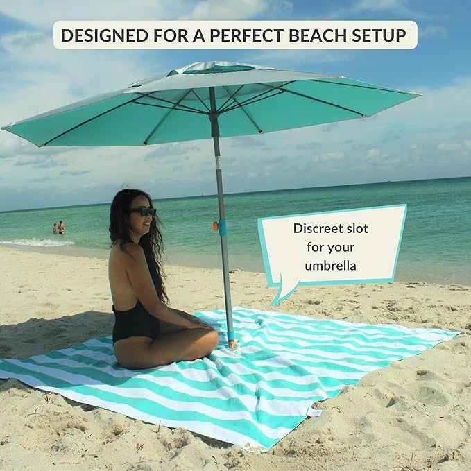 Plush Microfiber Beach Blanket, Extra Large Beach Mat for 3-6 Persons, Sandproof, Windproof | Hole for Umbrella, Corner Sand Pockets to Fight Wind (Bag for Blanket Included)