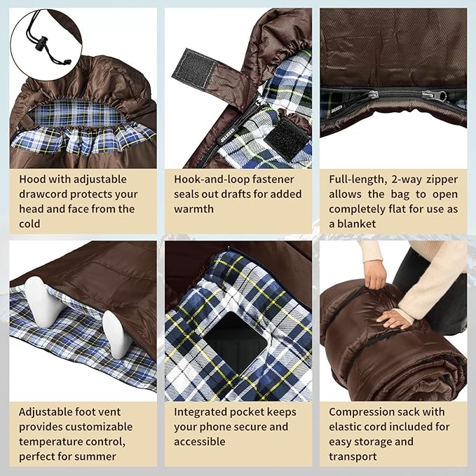 GEERTOP Flannel Sleeping Bags for Adults Big & Tall People Portable Cold Weather Envelope XXL All Seasons Camping Sleeping Bag