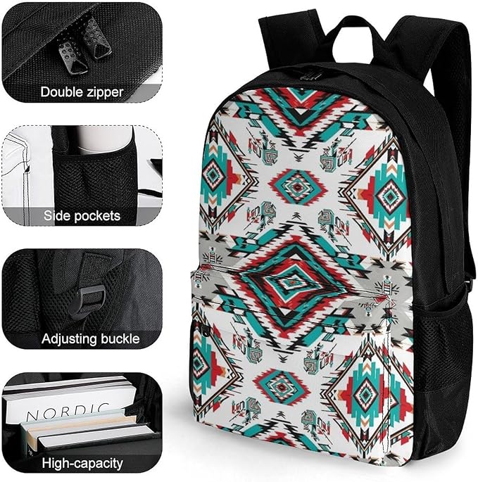 Polyester Daypack Backpack for Trekking Picnic Walking Cycling, Large Capacity Anti-Theft Multipurpose Shoulder Bag, Geometric Indiana Western Southwest Tribal Ethnic Aztec White Casual Daypack