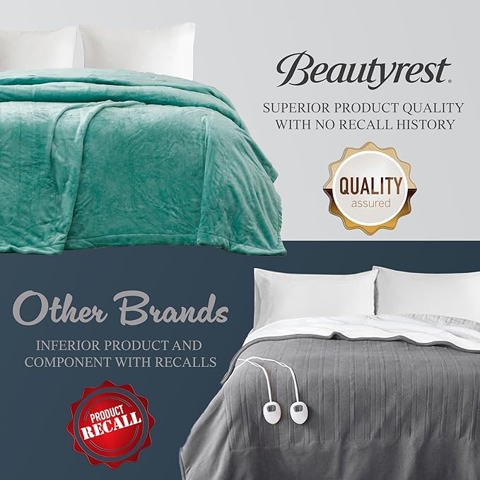 Beautyrest Heated Plush Elect Electric Blanket with 20 Heat Level Setting Controllers Equip with Secure Comfort Technology and 10 Hours Auto Shut Off, Twin: 62x84, Aqua,BR54-0903
