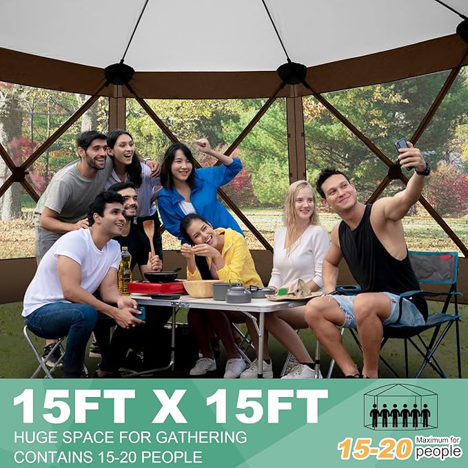 COBIZI 15x15 FT Pop Up Gazebo - Canopy Tent, Large Gazebos On Clearance with Sidewalls, Screened in Gazebo,carpas para Patio,Portable Screen Tents for 12-15 Persons Outdoor Camping, Backyard,Brown