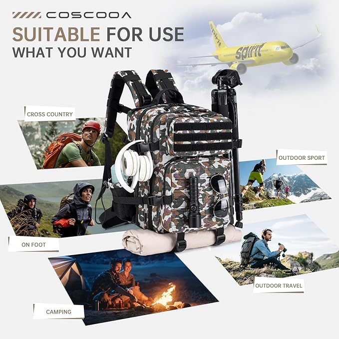 Tactical Military Backpack for Man, 45L Waterproof Army Pack Rucksack Hiking Laptop Backpack 3 Day Bug Out Bag, Includes Two Flags and Two Carabiner Camouflage