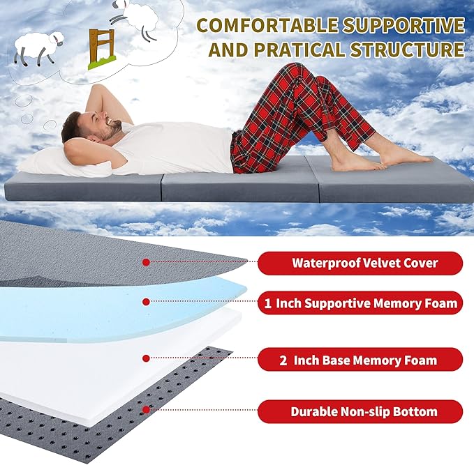 HOMBYS Tri Folding Memory Foam Camping Mattress for Outdoor Sleeping, Portable Waterproof Camping Pad Mat for Travel Truck Bed Tent