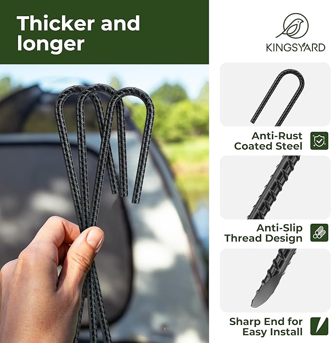 Kingsyard 20 Pack Tent Stakes Heavy Duty, 12 Inch 1/4 Inch Diameter J Shape Hook Rebar Stakes, Galvanized Steel Ground Anchors Metal Spikes for Yard, Hoses Landscape, Chain Link Fence, Black