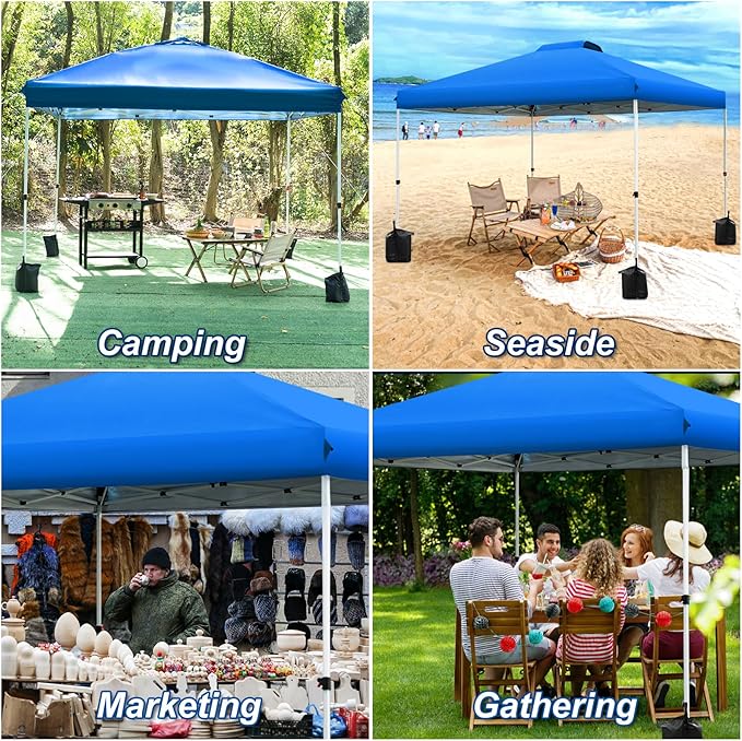 WEIZE Pop up Canopy Tent 10x10ft, 1-Button Push Setup, Instant Portable Shelter, Adjustable Height, Portable Roller Bag, 4 Weight Bags, Guy Ropes & Stakes Included Blue