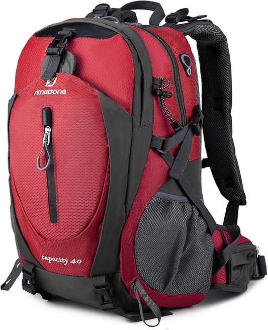 FENGDONG 40L Waterproof Lightweight Hiking,Camping,Travel Backpack for Men Women Red