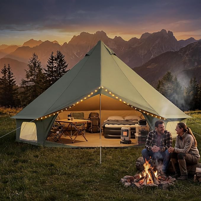 Bell Tent for Family Camping, 9.8/13.1/16.4 FT Yurt Tent with Stove Jack, 4 Season Oxford Tents for Outdoor Party, Hot Tent Shelter Fits 3-4 People