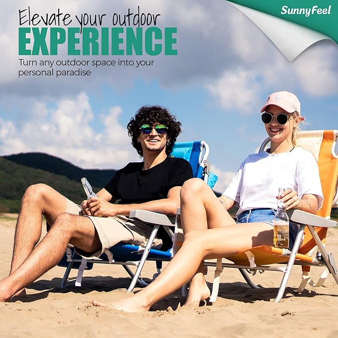 SUNNYFEEL High Back Folding Beach Chair, Tall Beach Chair with 3 Reclining Position, Portable Camping Chair for Adults with Wood Armrest, Lightweight Camping Chair 300 lbs Heavy Duty, Green, 2 Pack