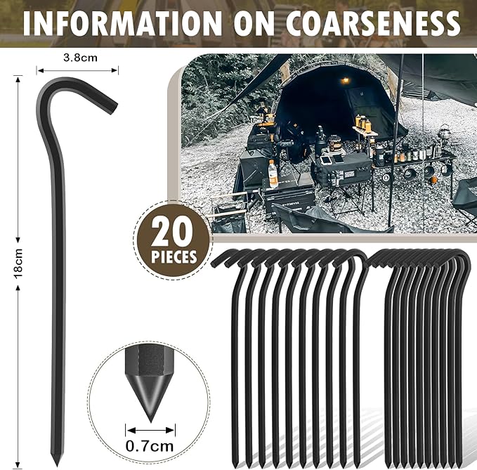 20Pcs Metal Tent Pegs with Hooks. 7 inches Durable Garden Stake Ground Anchors Awning Metal Hooks. Heavy Duty, Waterproof & rustproof. Ideal for Camping, Yard Decor, Picnic & tarp(Black)