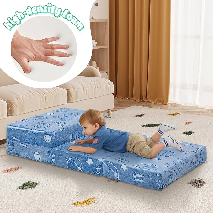 MeMoreCool Kids Folding Mattress, Trifold Mat Foldable Floor Mattress for Kids, 63x26 Tri Fold Floor Mat with Washable Cover and Carry Bag, Portable Floor Mat for Sleepover Daycare, Blue Astronaut