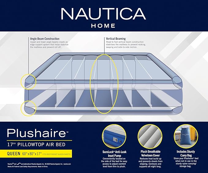 Nautica Home 17" Plushaire Size Queen Air Mattress with Pillow Top - Built-in Pump, Vertical Beams Construction, DuraTex Puncture-Resistant Vinyl, Anti-Leak System, Supports 700 lbs