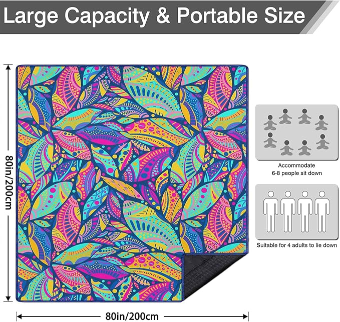 Waterproof Picnic Blankets Foldable & Portable 80''x80'' Boho Picnic Mat for Outdoors, Large Washable Picnic Blanket for Travel Camping Beach, Park Grass Picnic Blanket Accessories for Adults