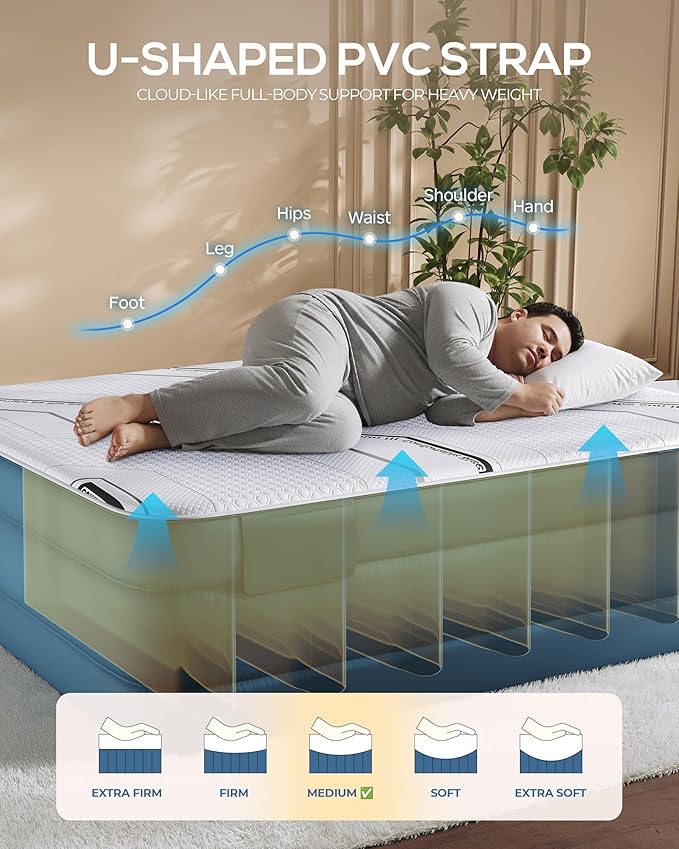20” Tall Luxury Air Mattress with Quilted Foam Topper, Extra Firm Support with U-shaped PVC strap Inflatable Bed, Quiet & Comfortable Blow Up Bed for Home Guests, Camping, Travel, Fast Inflate AirBed