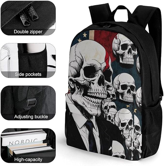 Polyester Daypack Backpack for Sports Travel Running, Big Capacity Anti-Theft Multipurpose Carry On Bag, Skull American Flag Blue Red White Laptop Book Bag Rucksack