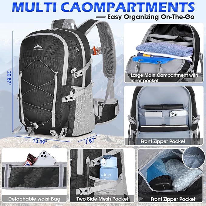 IGOLUMON Hiking Backpack 40L Packable Hiking Daypack for Men Women Waterproof Lightweight Foldable Camping Backpack