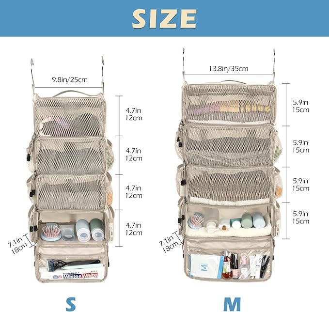 Surblue Travel Hanging Packing Cubes with 2 Hooks Hanging Shelves for Luggage Organizers Portable Compression 4 Shelf Closet Carry-on Suitcases Organizers, Small, Beige