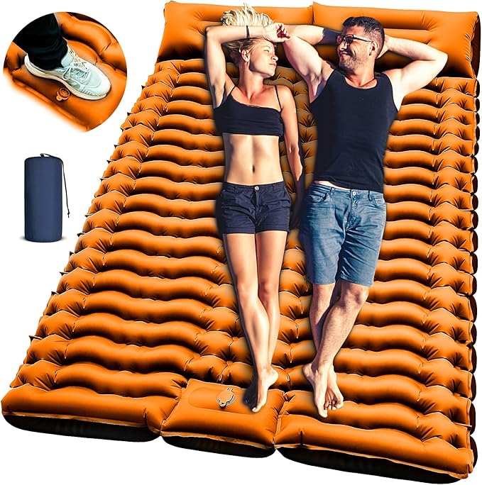 Double Sleeping Pad for Camping, 4" Extra Thick Self-Inflating Air Mattress - 2 Person Inflatable Camping Mat with Built-in Foot Pump & Pillow, Backpacking Hiking Tent Travel-Orange