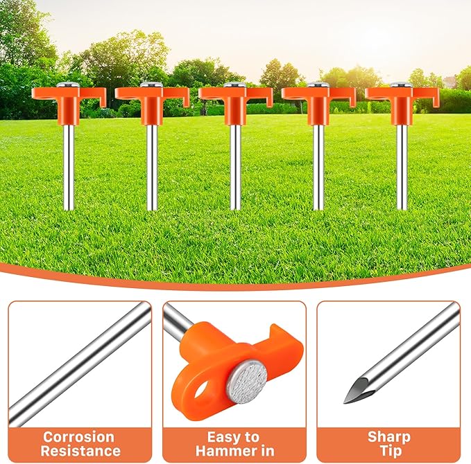 20 Pack Tent Stakes Heavy Duty, 9.6 Inch Camping Stakes, Non-Rust Metal Tent Pegs, Ground Stakes Yard Stakes with Drawstring Bag for Camping Backyards Outdoor Picnic (Orange)