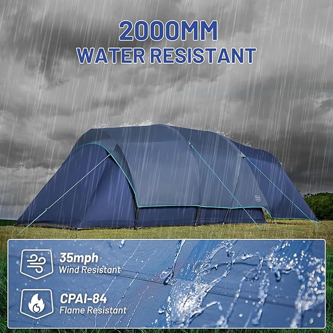 Timber Ridge 8 Person Camping Tent with Large Porch, Portable Waterproof Windproof Family Tent with Rainfly Carry Bag Room Divider, Easy Set-up Tent with Excellent Ventilation for Camping, 3 Season