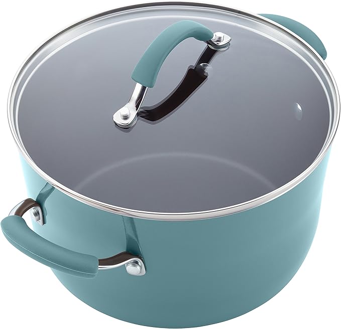 Rachael Ray Cucina Hard Anodized Nonstick Cookware Pots and Pans Set, 12 Piece, Gray with Blue Handles & Cucina Nonstick Cookware Pots and Pans Set, 12 Piece, Agave Blue