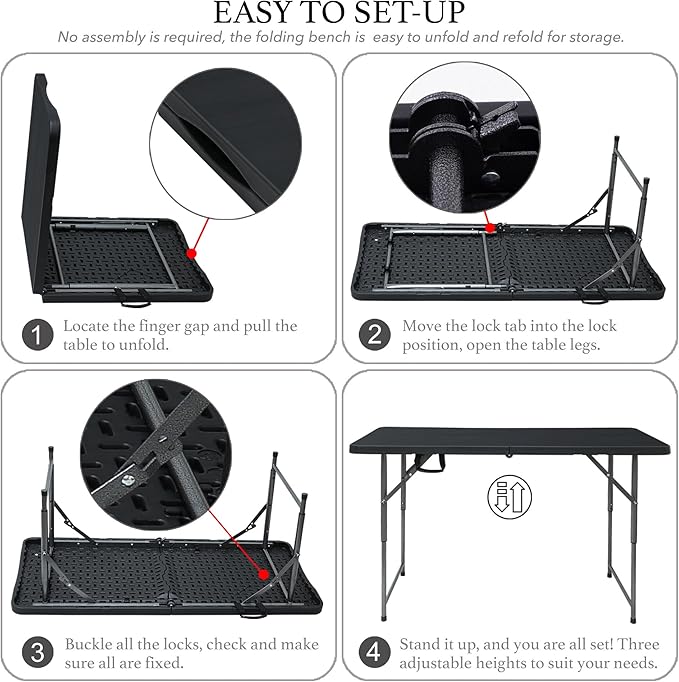 AJP Distributors 4 Foot Portable Plastic Folding Table 4FT 48" Half Foldable Heavy Duty Top w/Carry Handle - Indoor Outdoor Backyard Camping Picnic BBQ Party Wedding Dining Office Event Meeting Black