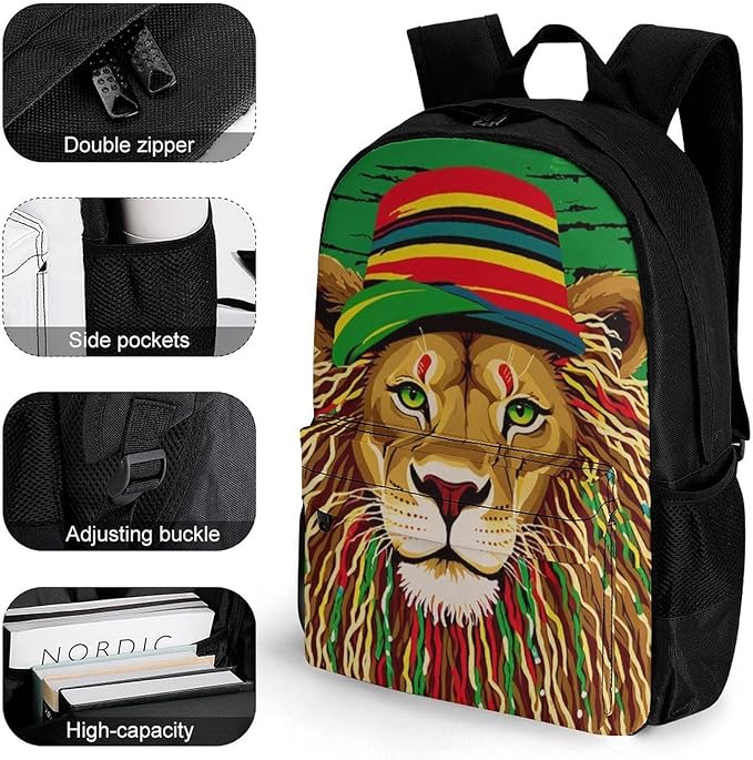 Men Women Polyester Reggae Rasta Flag Lion Daypack Bookbag Big Capacity Shoulder Bag With Padded Straps for Climbing Travel Walking Cycling