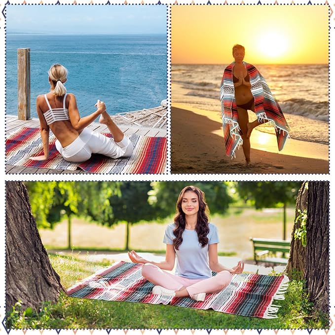 Peryiter 9 Pcs Mexican Blanket Bulk Large Yoga Blanket Striped Falsa with Fringed for Outdoor Beach Picnic Couch, 45 x 70 inch(Light Colors)