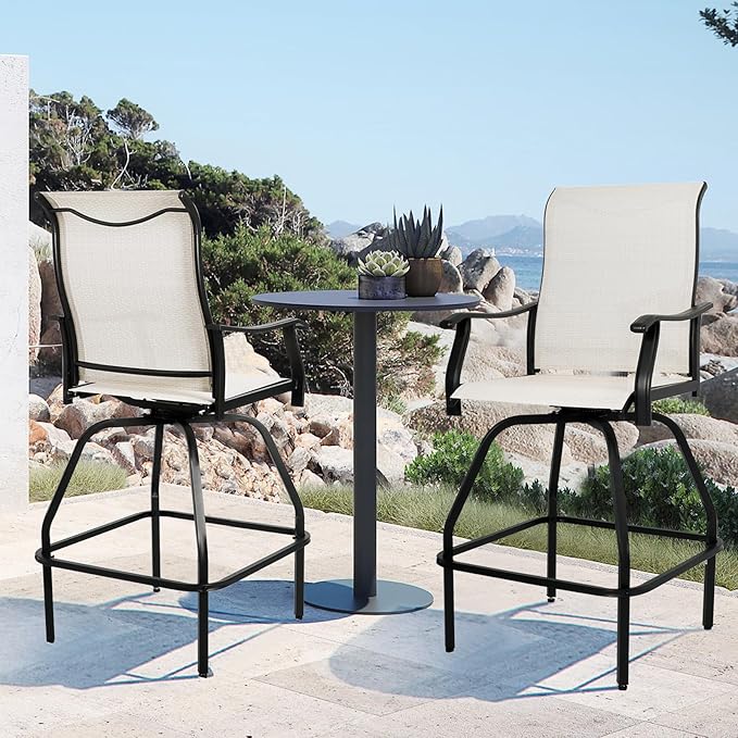 LEVELEVE Patio Bar Set 2pcs Swivel Bar Stools Outdoor Bistro Textilene Furniture Stability All-Weather Set (2, Beige Fabric)