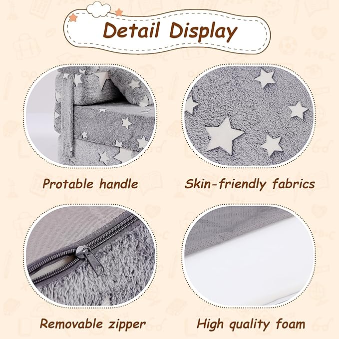 Folding Sofa Bed Floor Mattress for Kids with Pillow, Toddler Washable Glow in Dark Folding Floor Mat for Sleeping, Child Fold Up Chair Bed with Storage Bag for Playroom, Camping, Grey Star