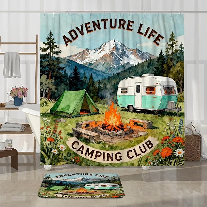 Mountain Shower Curtain Sets, Outdoor Adventure Tent Campfire Summer Green Polyester Waterproof Bathroom Sets with Shower Curtain and Rugs Decorative for Toile Guest Room 72x72 Inch