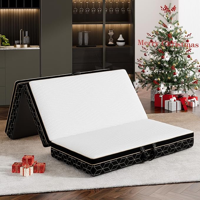 Tri-Fold Memory Foam Mattress Queen - 5.5 Inch Portable Folding Mattress with Handle & Washable Cover, Floor Bed with Non-Slip Base, Space-Saving for Room, Travel, Guest Bed, RV, 78"x58"x5.5"