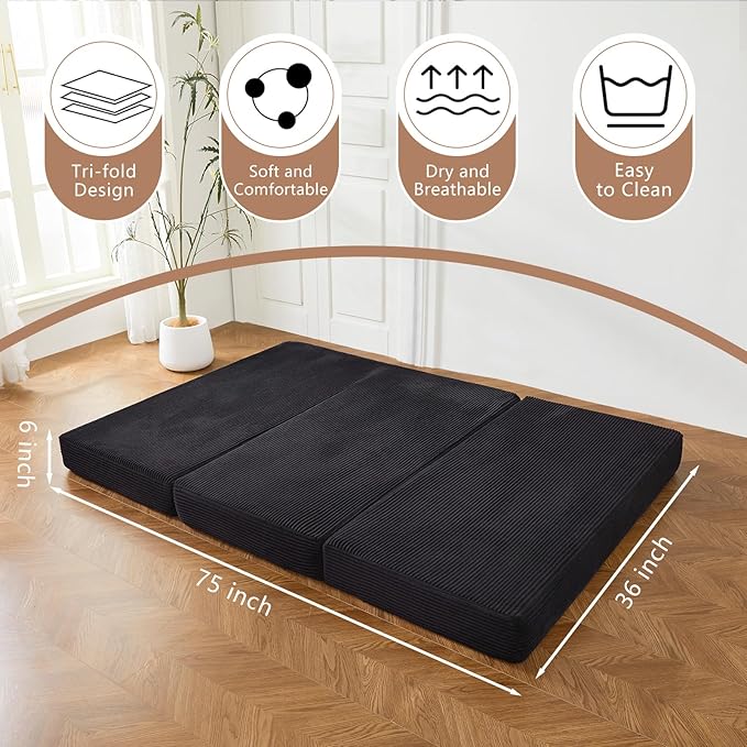 BYBYME Tri-Folding Corduroy Mattress, 6 Inch Gel Folding Mattress Topper, Foldable Soft Guest Bed Camping Pad, Washable Cover (Black, Twin)