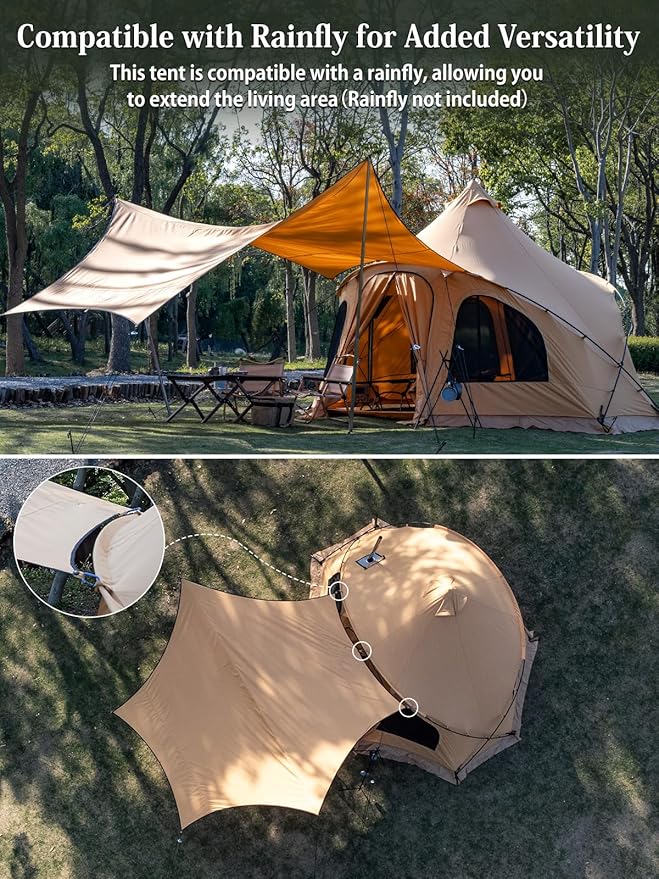 Canvas Bell Tent with Stove Jack 4 Person Tent Large Luxury 4 Season Yurt for Family Camping Glamping Party