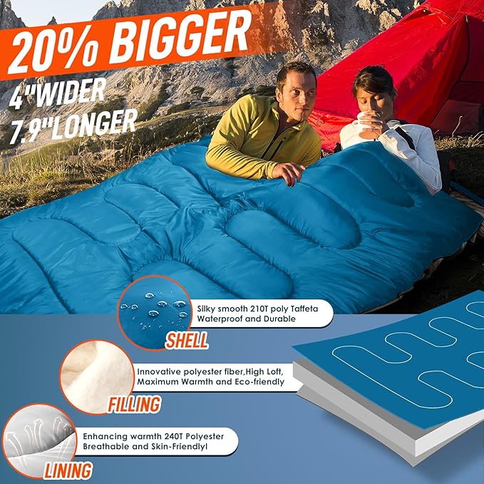 MEREZA Double Sleeping Bag for Adults Mens with Pillow, XL Queen Size Two Person Sleeping Bag for All Season Camping Hiking Backpacking 2 Person Sleeping Bags for Cold Weather & Warm