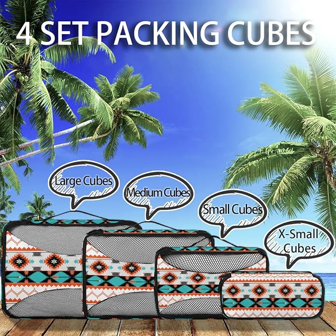 Aztec Western Compression Packing Cubes for Travel,Expandable Cubes Storage Bag Carry on Luggage Organizers for Toiletry Clothes Shoe Accessories 4 Set