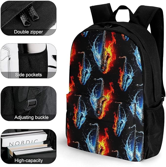 Lightweight Daypack Bookbag for Trekking Business Walking Cycling, Big Capacity Anti-Theft Multipurpose Carry On Bag, Water Fire Saxophone Business Computer Bag