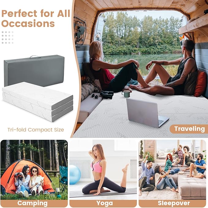 Giantex Folding Mattress, 4 Inch Gel-Infused Tri-fold Mattress with Bamboo Cover & Carry Bag, CertiPUR-US Certified, Foldable Cooling Mattress Topper for Guest Room Dorm RV Camp Floor, Full