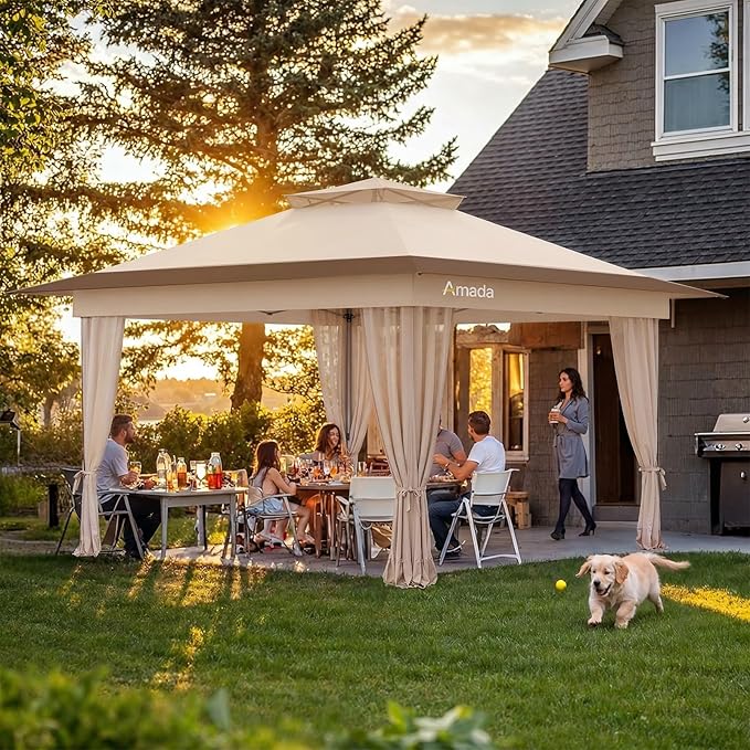 Amada 13x13 Pop Up Gazebo for Backyard & Patio Furniture,Gazebos on Clearance with Wheeled STO-N-Go Cover Bag,Carpa Pop Up Tent Party Tent and Shelter with Mosquito Netting for Lawn,Garden,Deck,Khaki