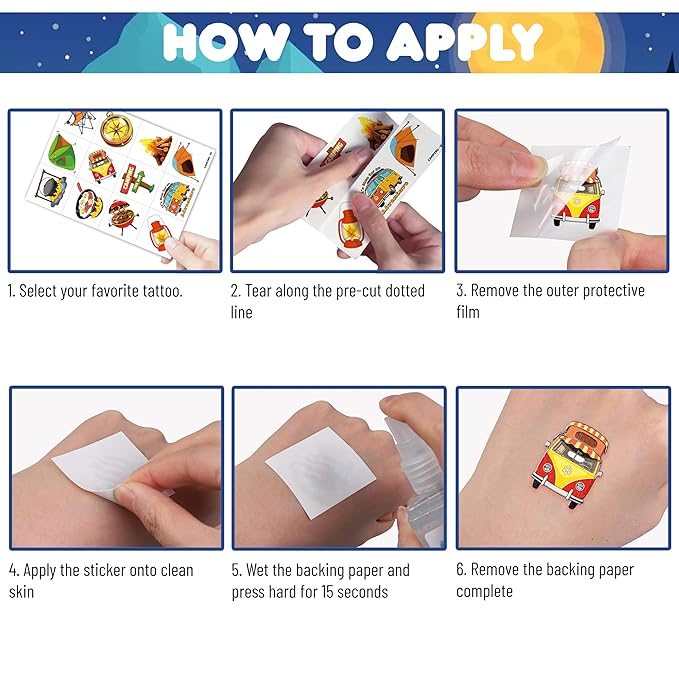 96PCS Camping Camp Camper Campfire Pre-Cut Temporary Tattoos for Kids | Super Cute Themed Birthday Party Favors, Supplies, Decorations, Fake Tattoo Stickers (multiple)