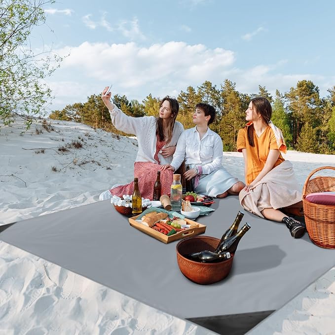 Odoland Pocket Blanket Picnic Blanket, 71" x 63" SandProof Waterproof Outdoor Beach Blanket with Portable Bag, Foldable Lightweight Sand Free Quick Drying Beach Mat for Hiking Camping Travel,Grey