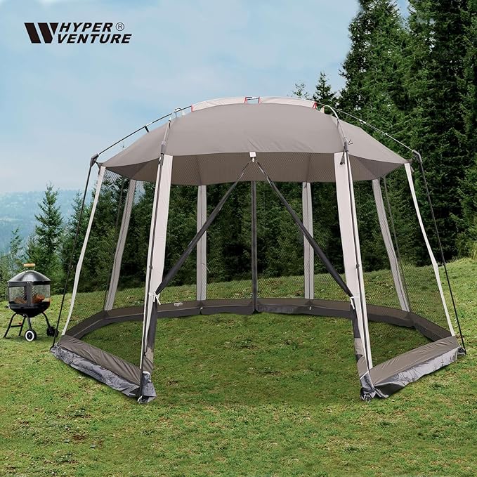 HYPER VENTURE Screen House 13x13 Feet Octagonal Mesh Canopy Camping Gazebo Shelter Tent for 8-10 People Outdoor Party Activities, Grey