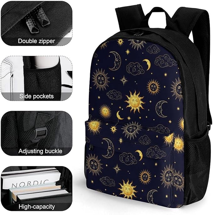 Supdreamc Men Women Lightweight Sun Moon Boho Astrology Backpack Large Capacity Bookbag With Smooth Zippers for Gym Business Running