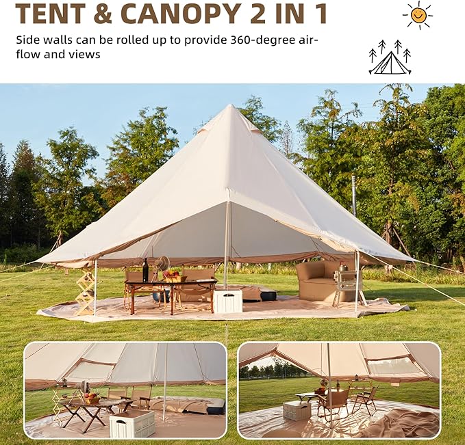 Bell Tent for Family Camping, 9.8/13.1/16.4 FT Yurt Tent with Stove Jack, 4 Season Oxford Tents for Outdoor Party, Hot Tent Shelter Fits 3-4 People